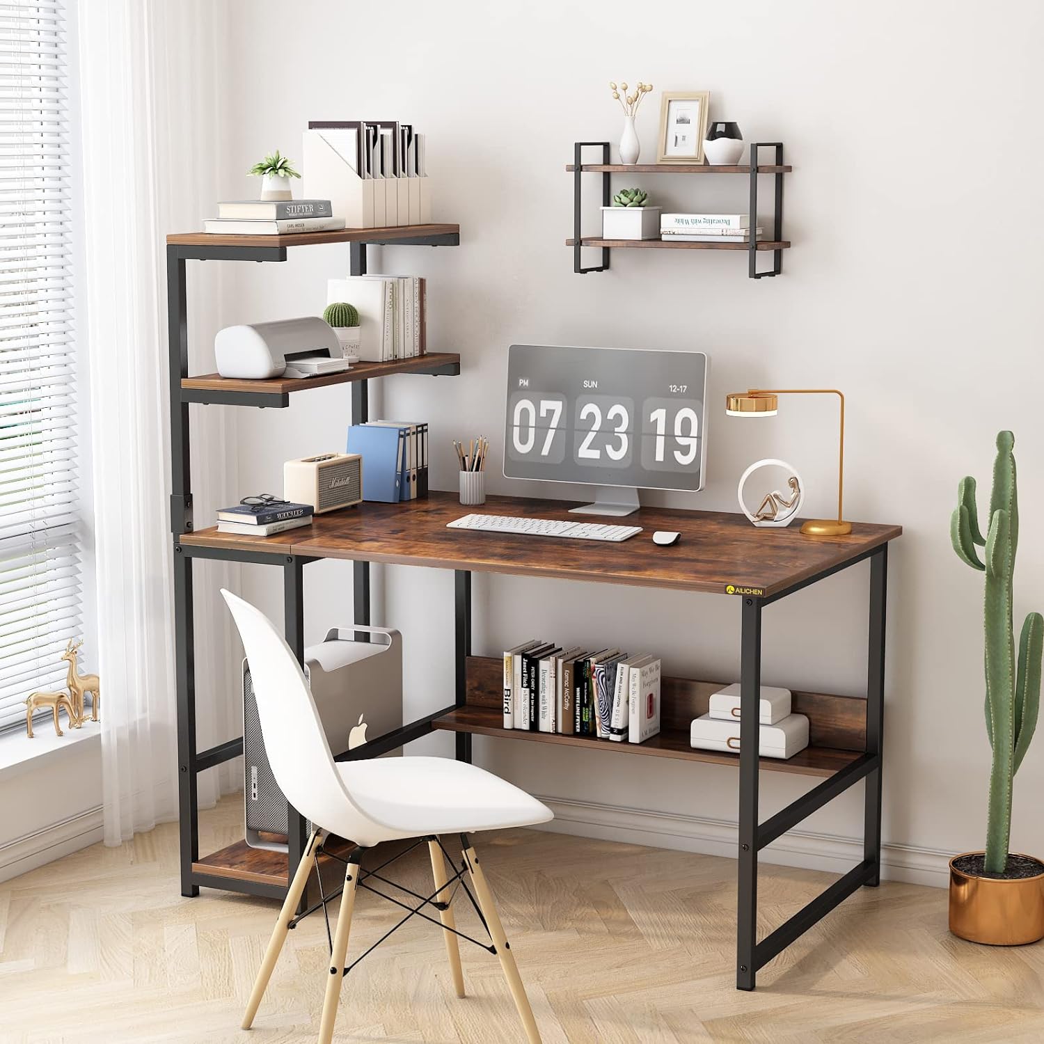 ALISENED Computer Desk with 4-Tier Storage Shelves， 43.3 inch Modern Large Office Desk Computer Table Studying Writing Desk Workstation with Bookshelf and Tower Shelf for Home Office - Image 2